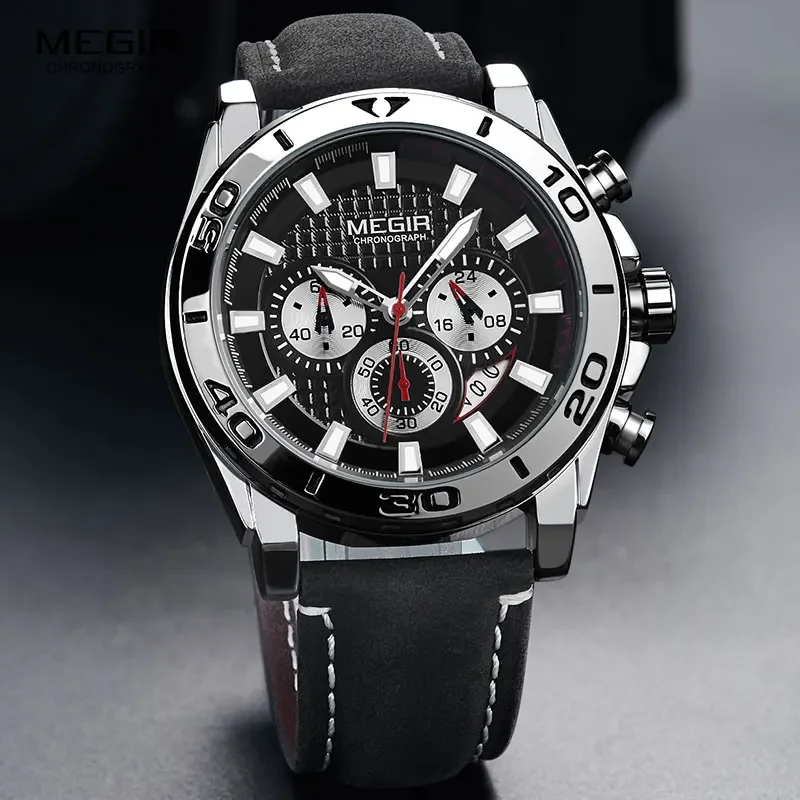 MEGIR Men's Army Sports Chronograph Quartz Watches Leather Strap Luminous Waterproof Wristwatch Man Relogios Clock 2094 Silver