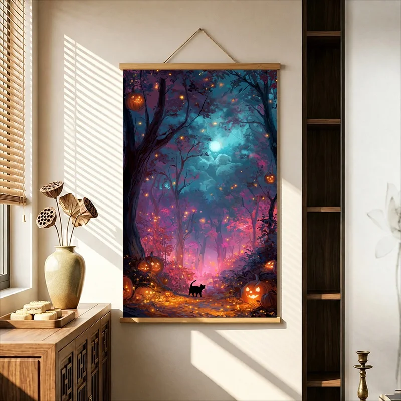 Room Decor Pumpkin in a Mysterious Night Forest, Dark Whimsical Pearlescent Canvas Hanging Scroll Decor for Halloween Party