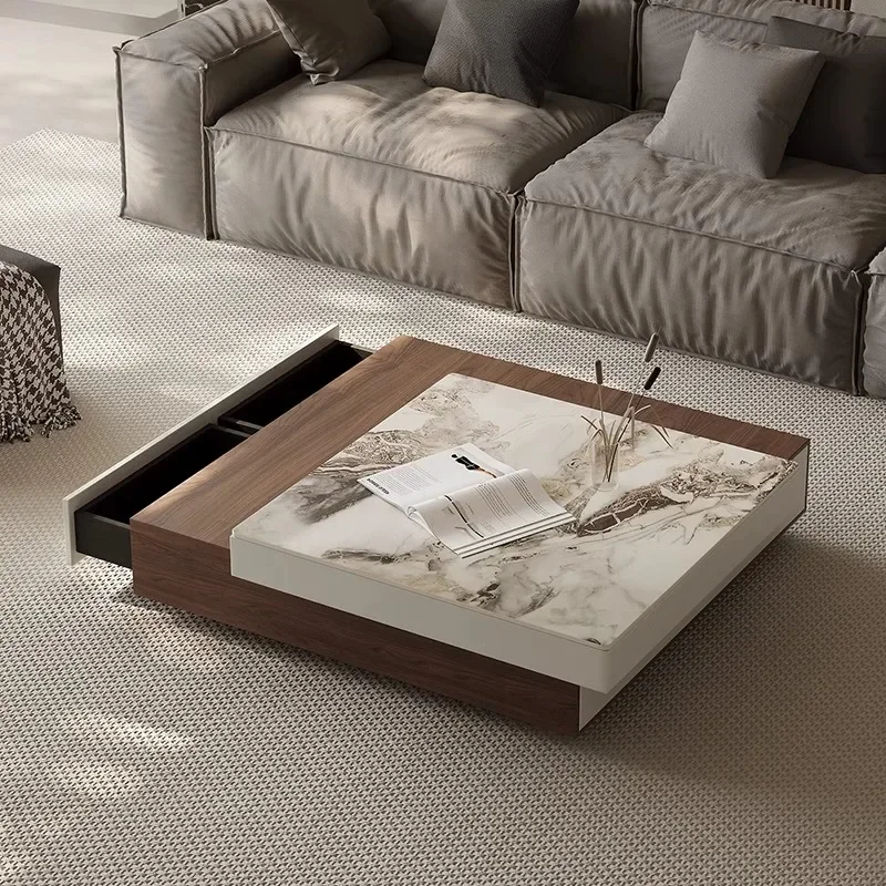 01 طاولة القهوة الإيطالية الدوارة البسيطة المعيشة المنزلية شقة صغيرة الحديثة الخفيفة الفاخرة الراقية طاولة القهوة بلاطة الصخور