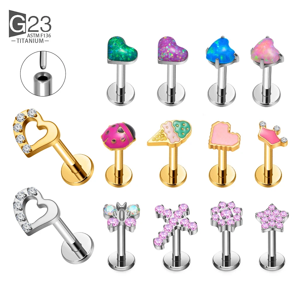 

G23 Titanium Threadless Piercing16G/18G/20G Heart Shape Cat Flower Push Pin Labret Lip Ring Stud Piercing Earring Jewelry