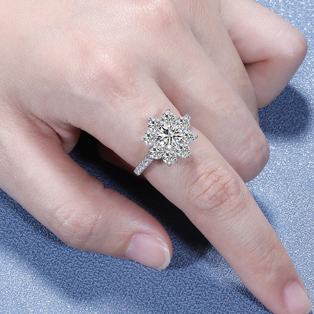 S925 Sterling Silver Luxury Paved Sunflower Moissanite Ring For Women Floral Halo Statement Wedding Bridal Fine Jewelry Gift