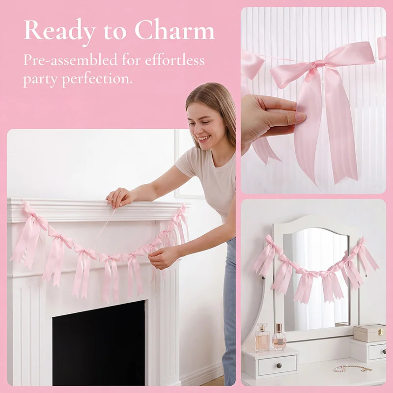 1 Set Rosa Schleifenband Hängende Girlande für Kindergeburtstag Hochzeit Babyparty Dekoration Weihnachten Satinband Heimdekoration – Detail 4