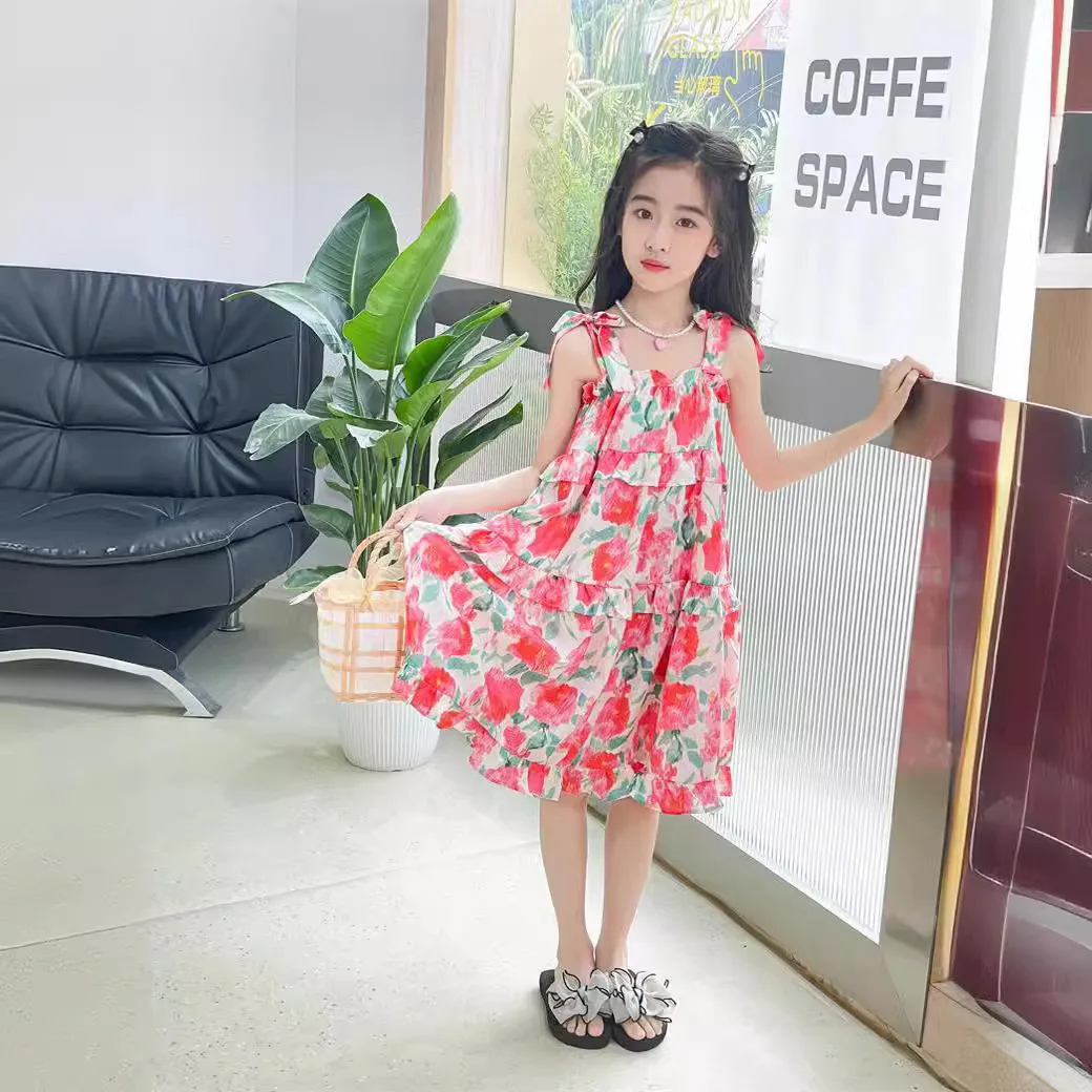 Summer Girls' Beach Dress Children's Stylish Floral Dress Fashion and Beautiful Kids Outwear Princess Skirt