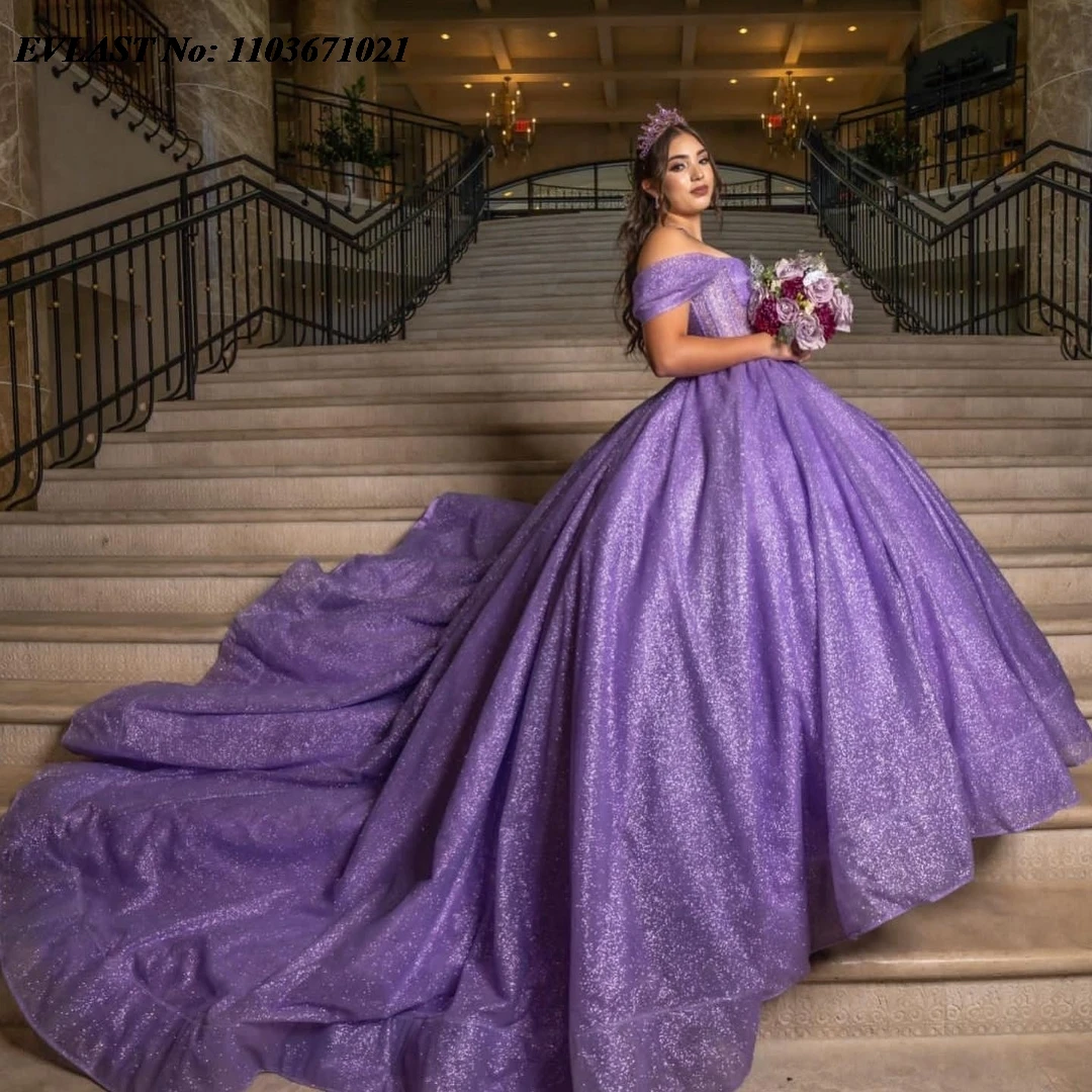 EVLAST Personalizzato Viola Abito Quinceanera Abito di Sfera Lucido Applique Che Borda Spalle Scoperte Corsetto Dolce 16 Abiti De Anos SQ368