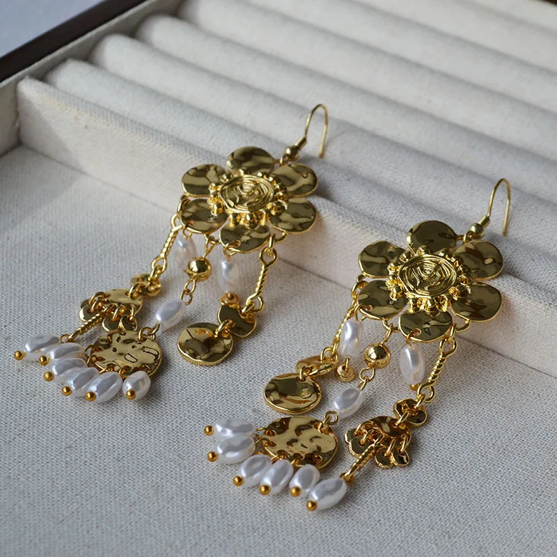 Exaggerated round Floral Pearl Tassel Earrings Golden Long Fashion Elegant Ear Accessory for Party Show Stage
