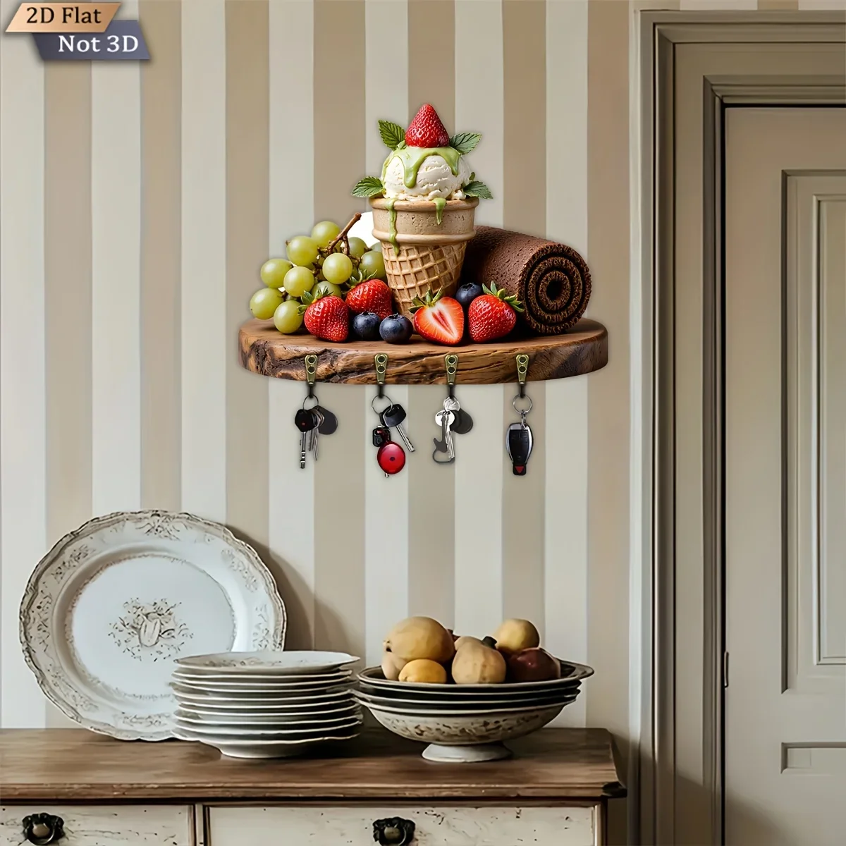 2D Flat, 1pc, Fruit Dessert Theme Style Key Hook, Wooden Multi-Functional Home Key Rack, with Four Metal Hooks, Wall