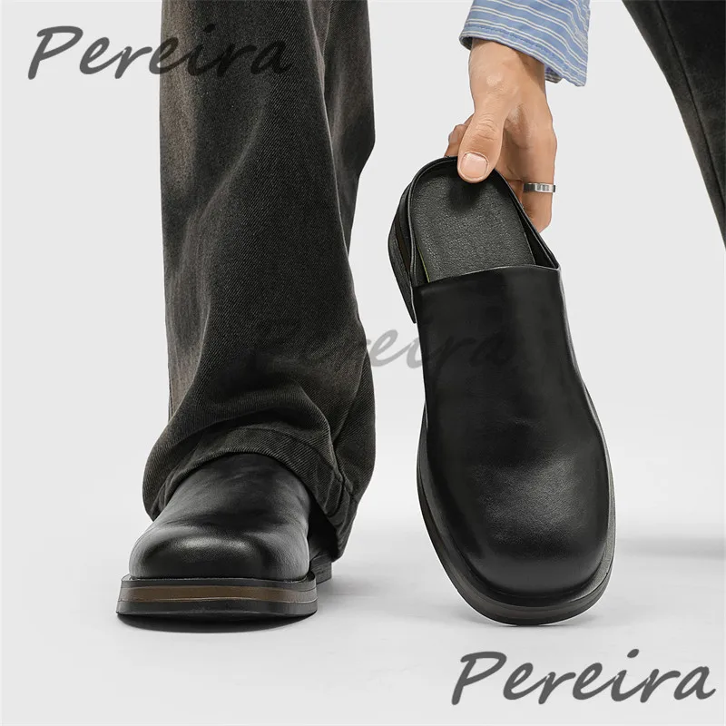 

Spring Summer New Men's Slippers Round Toe Thick Soled Slip-On Mules Half Slippers Black Brown Trendy Outdoor Casual Shoes