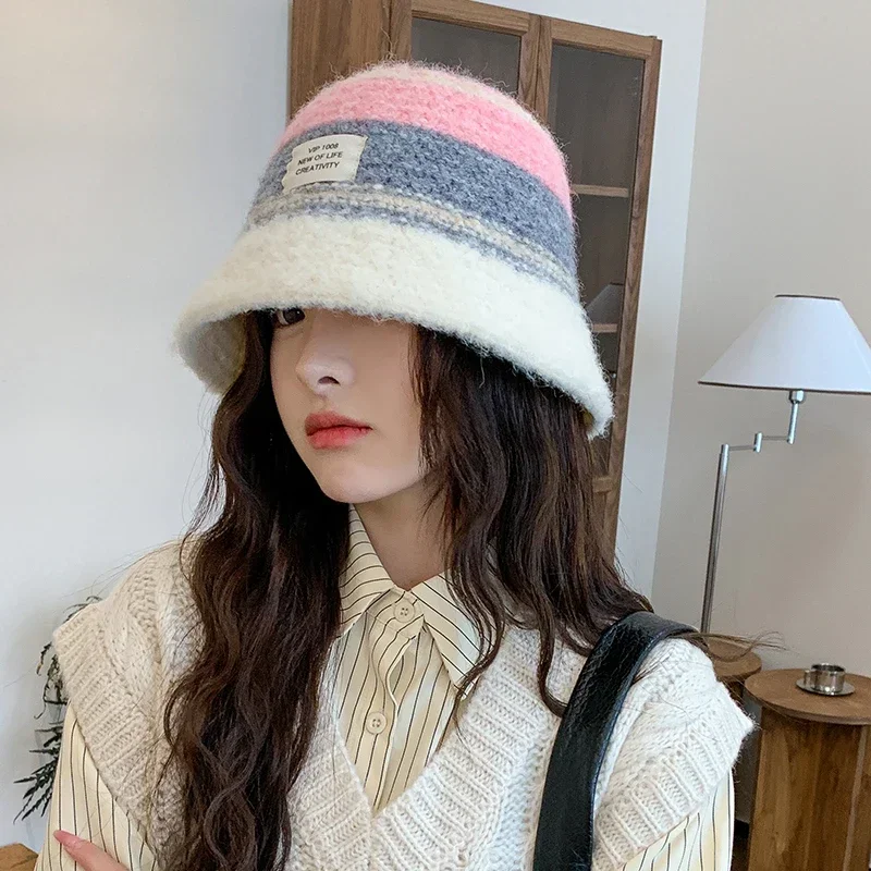 Winter Women Basin Hat Color Blocking Fisherman Hat Warm Bucket Hat Plush Female Style Versatile for Daily Use Girl Decorate