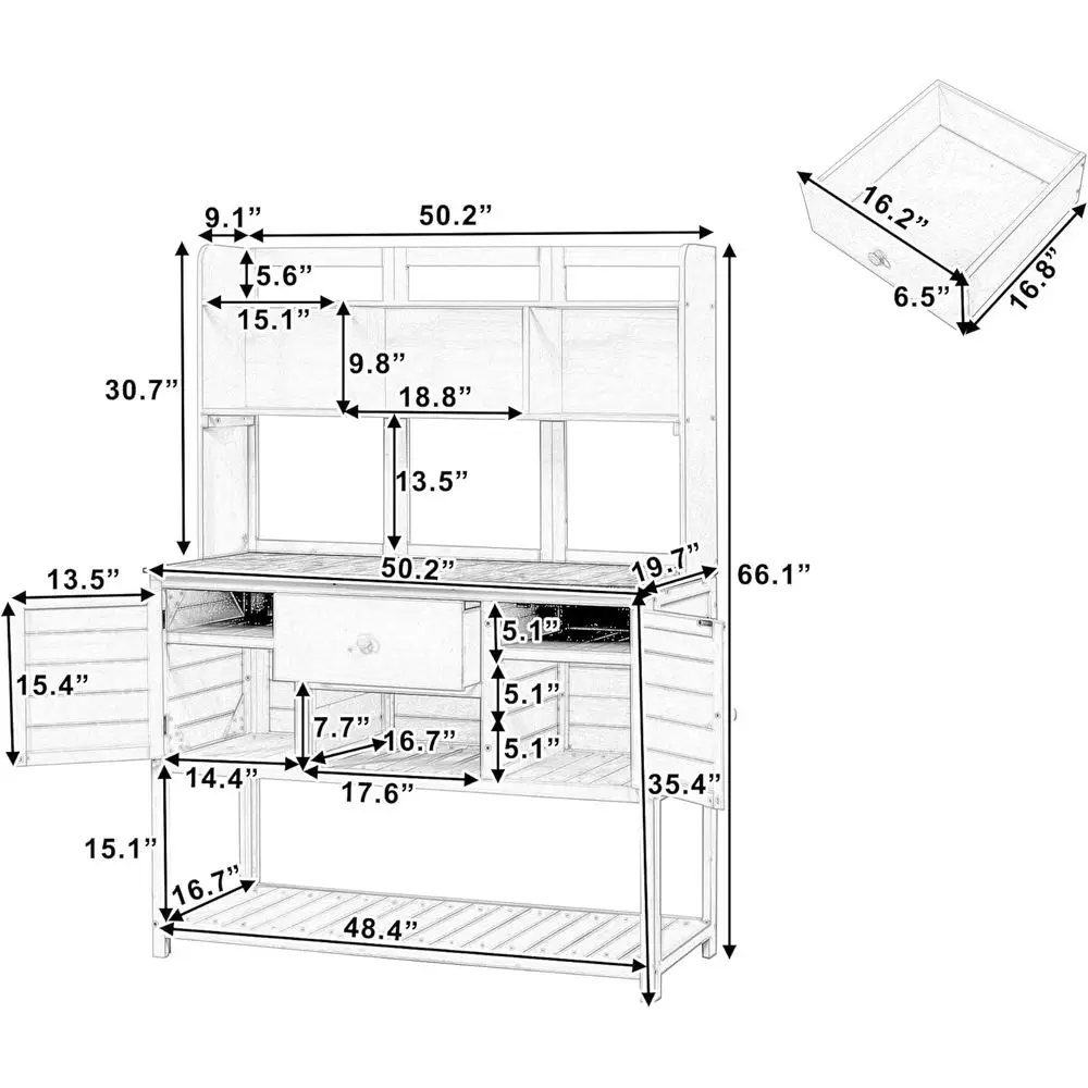 Banc d'empotage de patio élégant en bois avec clapier, tiroir et étagères réglables pour le jardinage extérieur (marron)