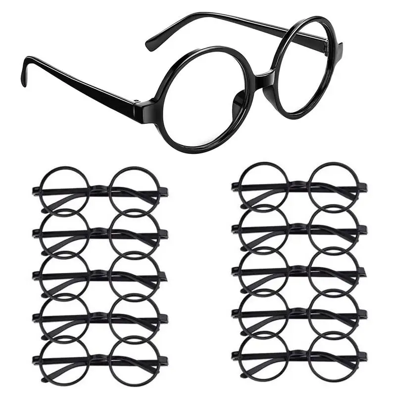 Paquet de 10 lunettes de Costume de lunettes de magicien, monture ronde noire sans lentilles, accessoires de fête pour accessoires de pose, Costume de fête Cosp