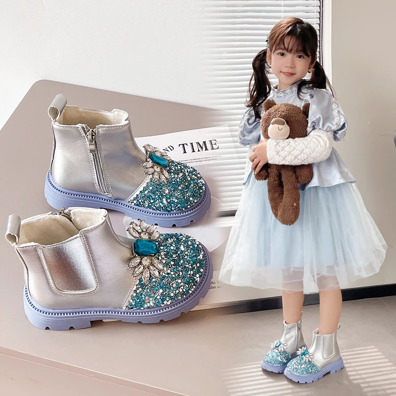 Girls Princess Boots with Shiny Crystal Kids Ankle Boots Glitter 2025 Autumn Winter New Children Fashion Boots Versatile Soft