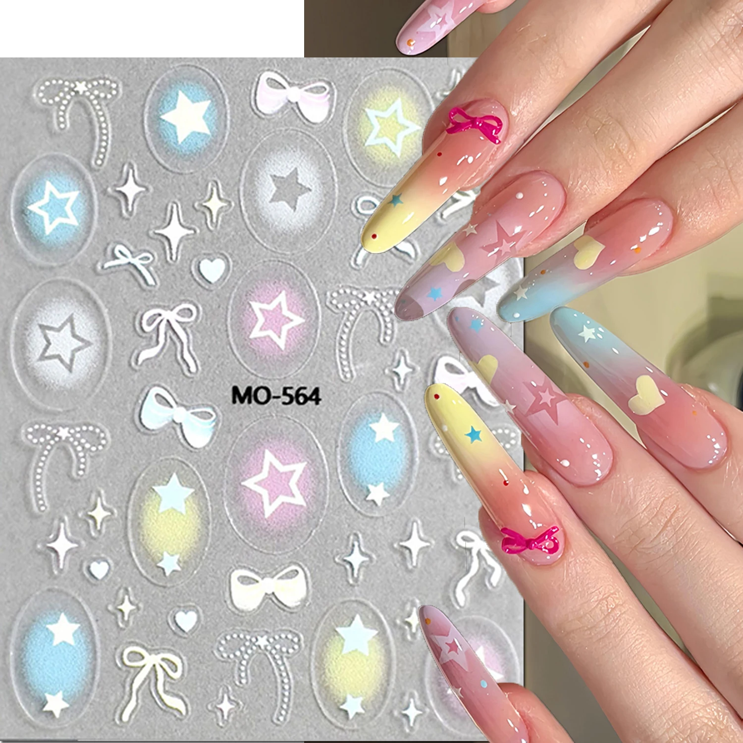 5D Reliëf Nail Art Stickers Snoep Kleur Sterren Liefde Harten Witte Strikjes Zelfklevende Nagels Decals Decoraties Voor Manicure