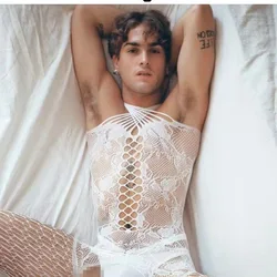 Mens Fishnet Bodysuit Crotchless Lingerie Elastic Bodystocking Transparent Sex Porno Costumes Sissy Lingerie Gay Male Nightwear