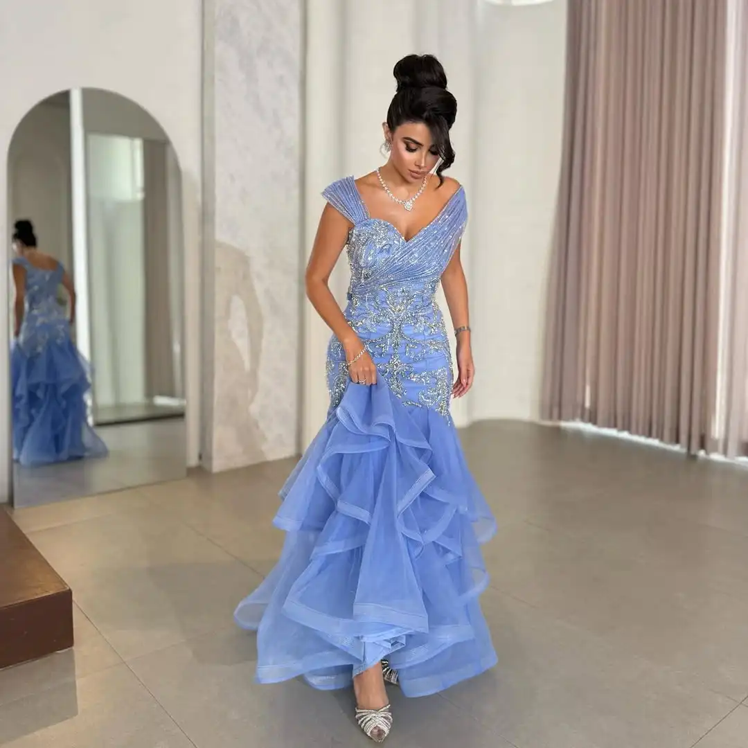 Meetlove Blue Tulle Customized Evening Dresses Sleeveless Crystal Floor Length Mermaid Luxury Beading Prom Gowns For Women