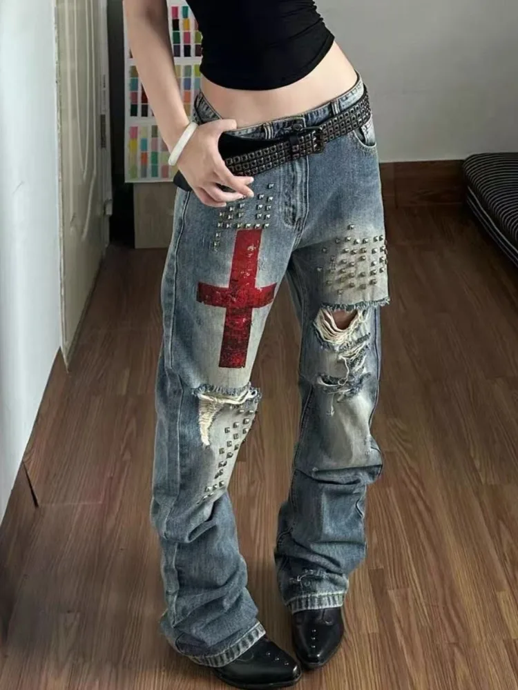Gothic Punk Women Flare Jeans Vintage Washed Denim Trousers Distressed Ripped Rivet Decor Low Waist Wide Leg Pants Streetwear