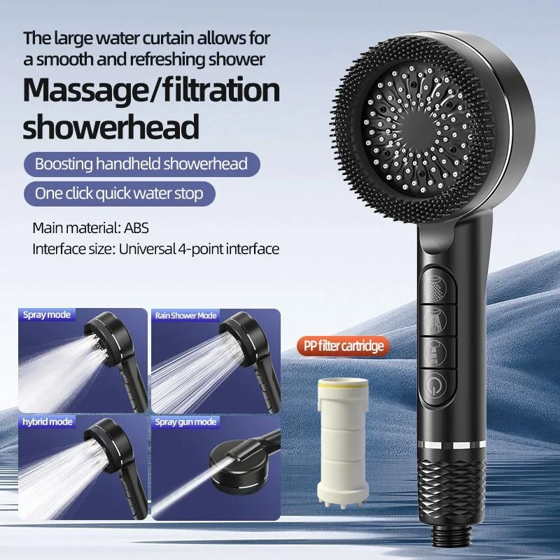 Handheld Filter Shower Head with Built-In Filter, Adjustable 4 Spray Modes Pressure Booster Shower Head with Shut-Off Switch