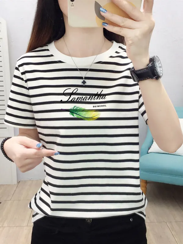 

New 2026 Summer Women's Loose Fit Short Sleeve T-Shirt Striped Versatile Top for Mom Middle-Aged Women Comfortable Cotton Blend