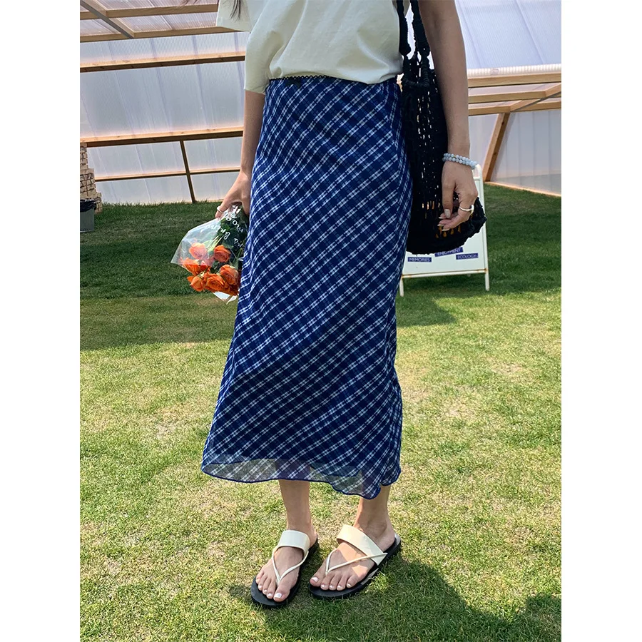 

Blue and White Check, Black Lace Lace Embellished High Waisted Skirt Women's Summer 2025 Elegant Temperament