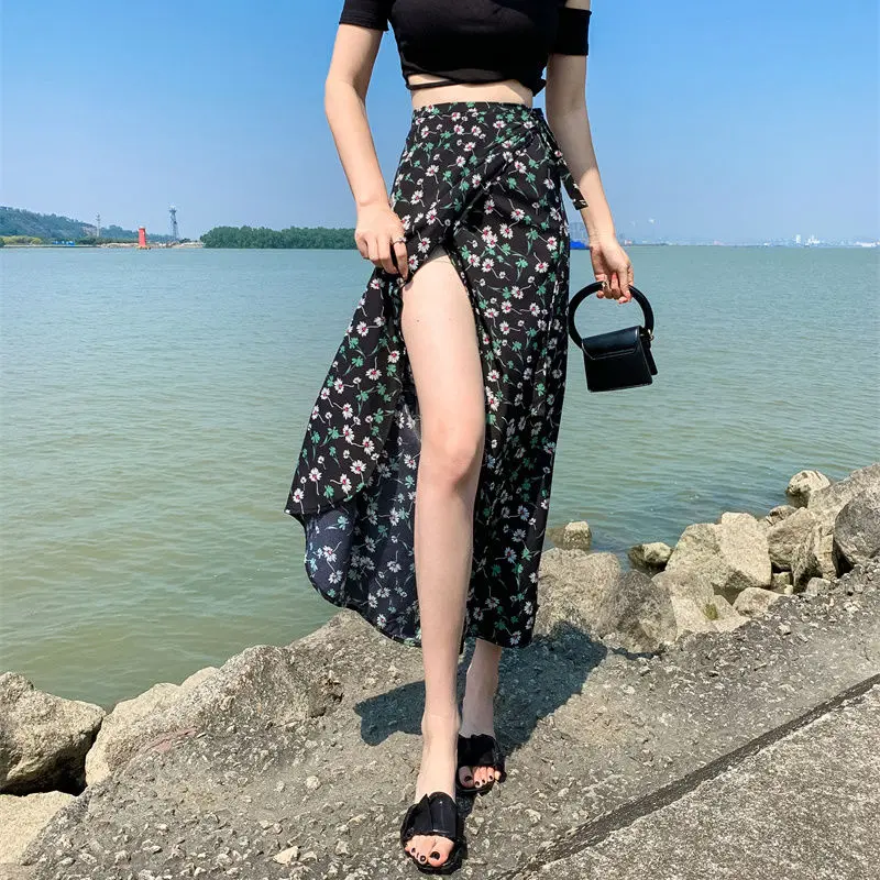 

Temperament Casual Summer Women's Lacing Print Flounce High Waist Fashion Versatile One-piece Type Bag Hip Beach One Step Skirt