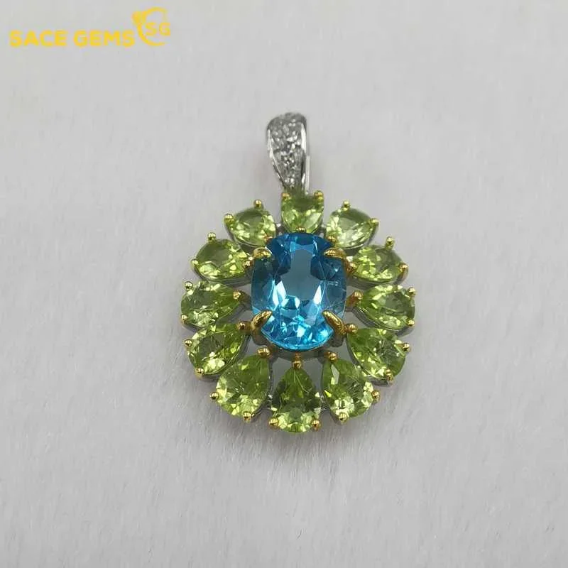 SACE GEMS Luxury Pendant for Women 925Sterling Silver Double Mosaic Swiss Blue Topaz Peridot Pendant Necklace Fine Jewelry Gifts