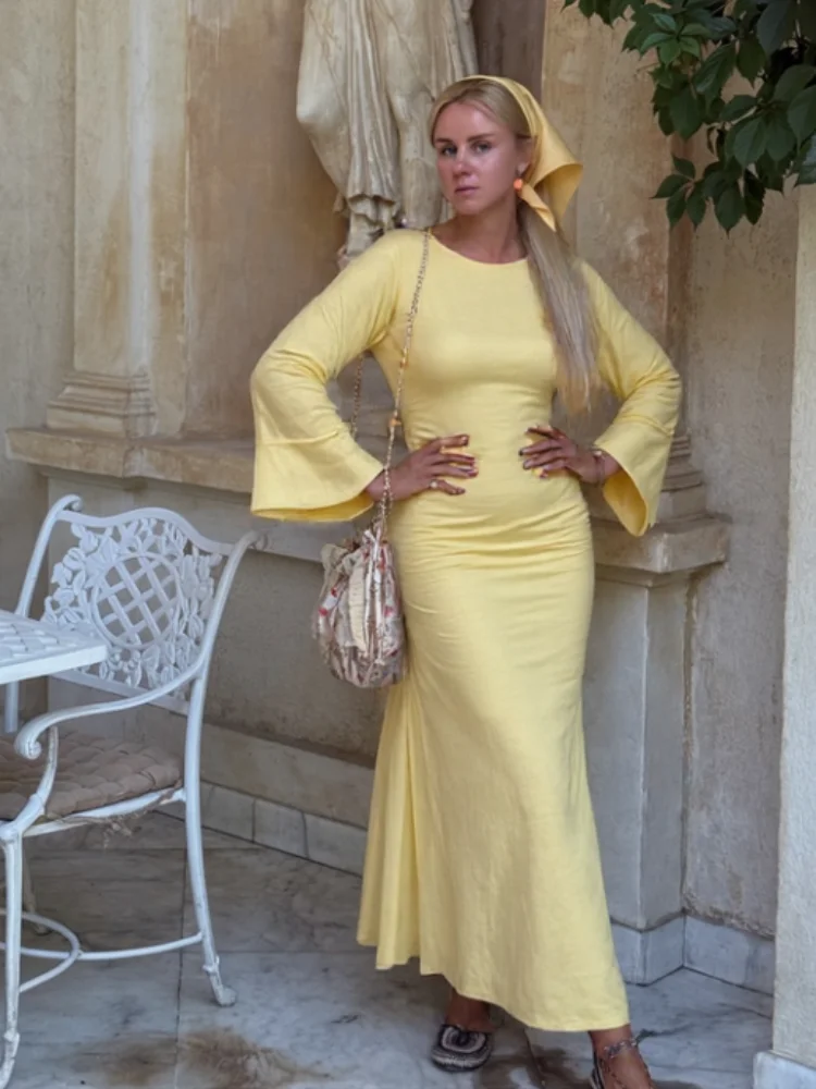 

Casual Women Long Sleeve Robe Fashion Solid Slim Fit Lace Up A-line Maxi Dresses For Women 2025 Spring Autumn Street Daily Gown