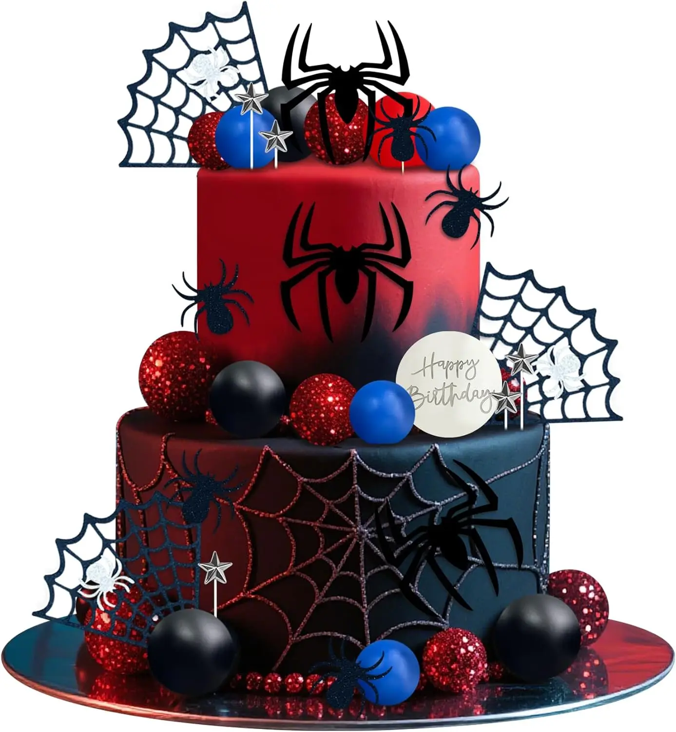 Spinnen-Kuchenaufsatz, Halloween-Schaumstoff-Kugelstern mit Netz, gruselige Happy Birthday-Party-Dekoration