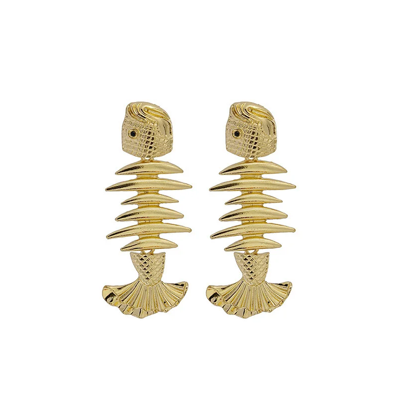 KF Fish Bone Exaggerated and Bold Personality, Metallic Feel, Big Headed Fish with Design Sense, Gold-plated Earrings