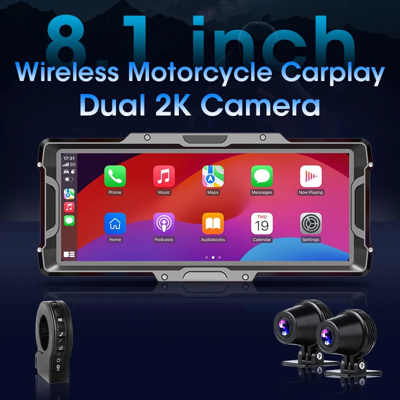 Jansite 8.1 inch large Screen Wireless CarPlay Motorcycle DVR 4K Digital Motorcycles Dashboard GPS Navigation Android Auto Linux
