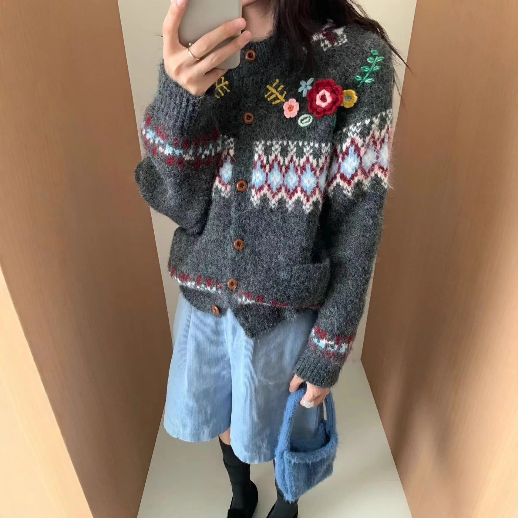 

Fel Island Jacquard Knitted Cardigan for Women Autumn Winter Loose Thicken Sweater Coats Long Sleeve Sweet Vintage Knit Jackets