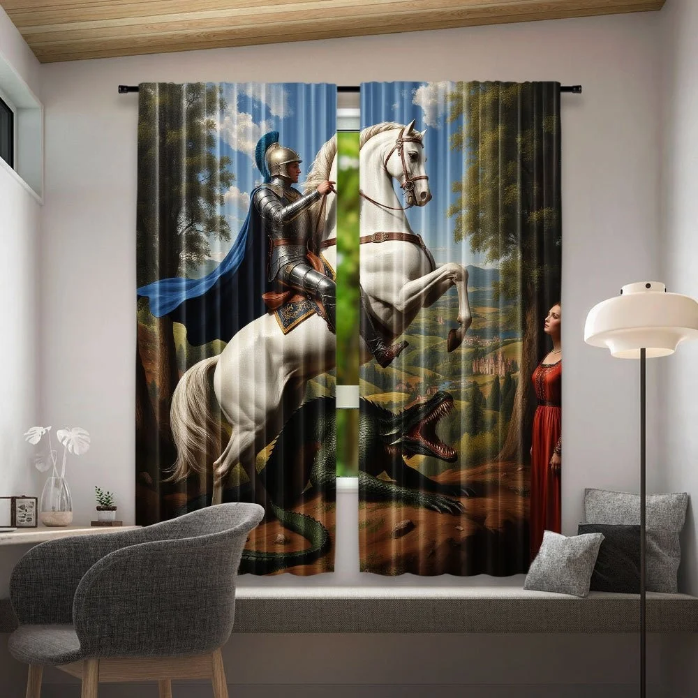 Epic Fantasy Knight and White Horse Dragon Curtain Medieval Gothic Art Window Treatment Dramatic Blue Scene Drapery