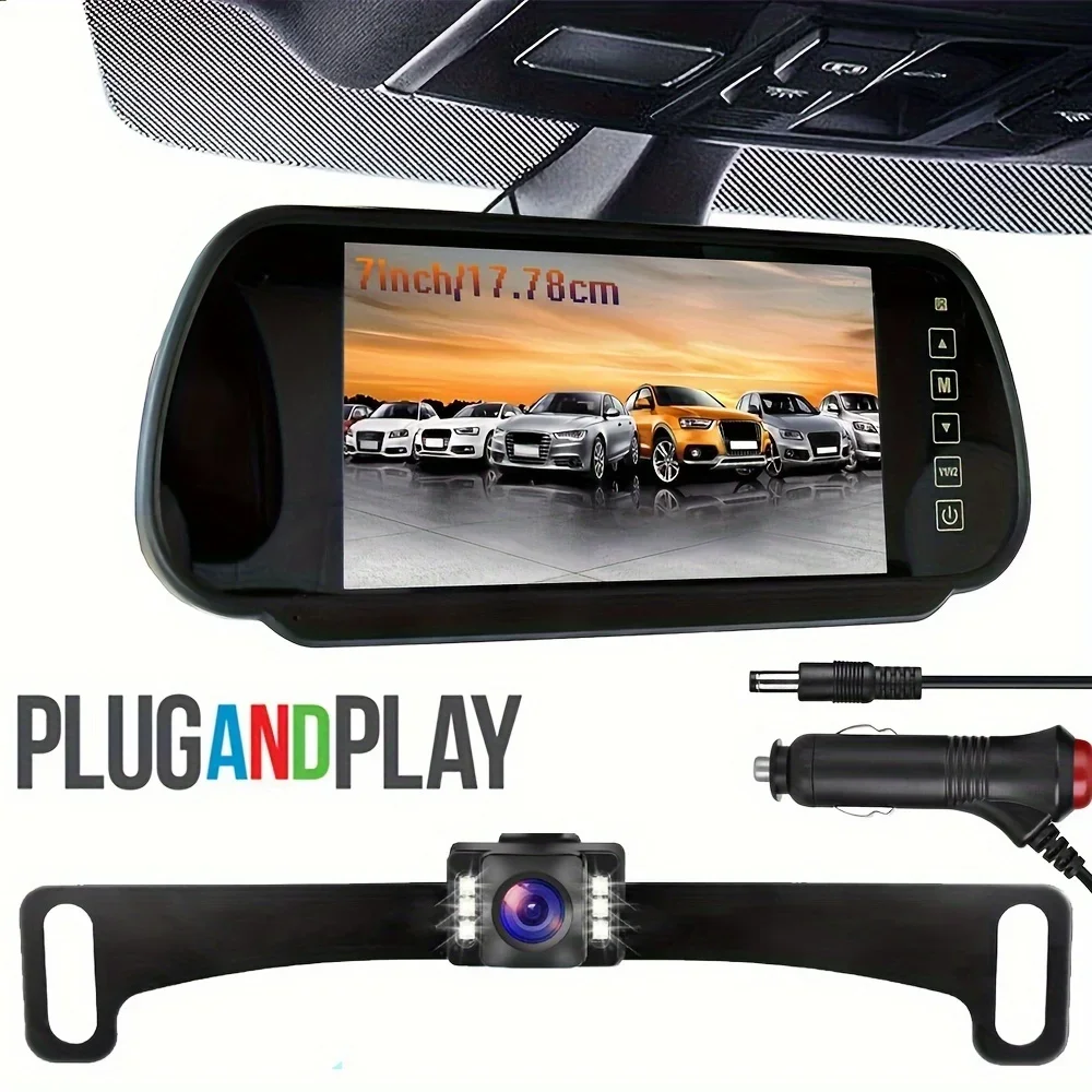 

7inch Mirror Monitor Backup Camera License Plate 6LEDs Rear View HD Display Full Set Parking Reverse System For Pickup Van RV