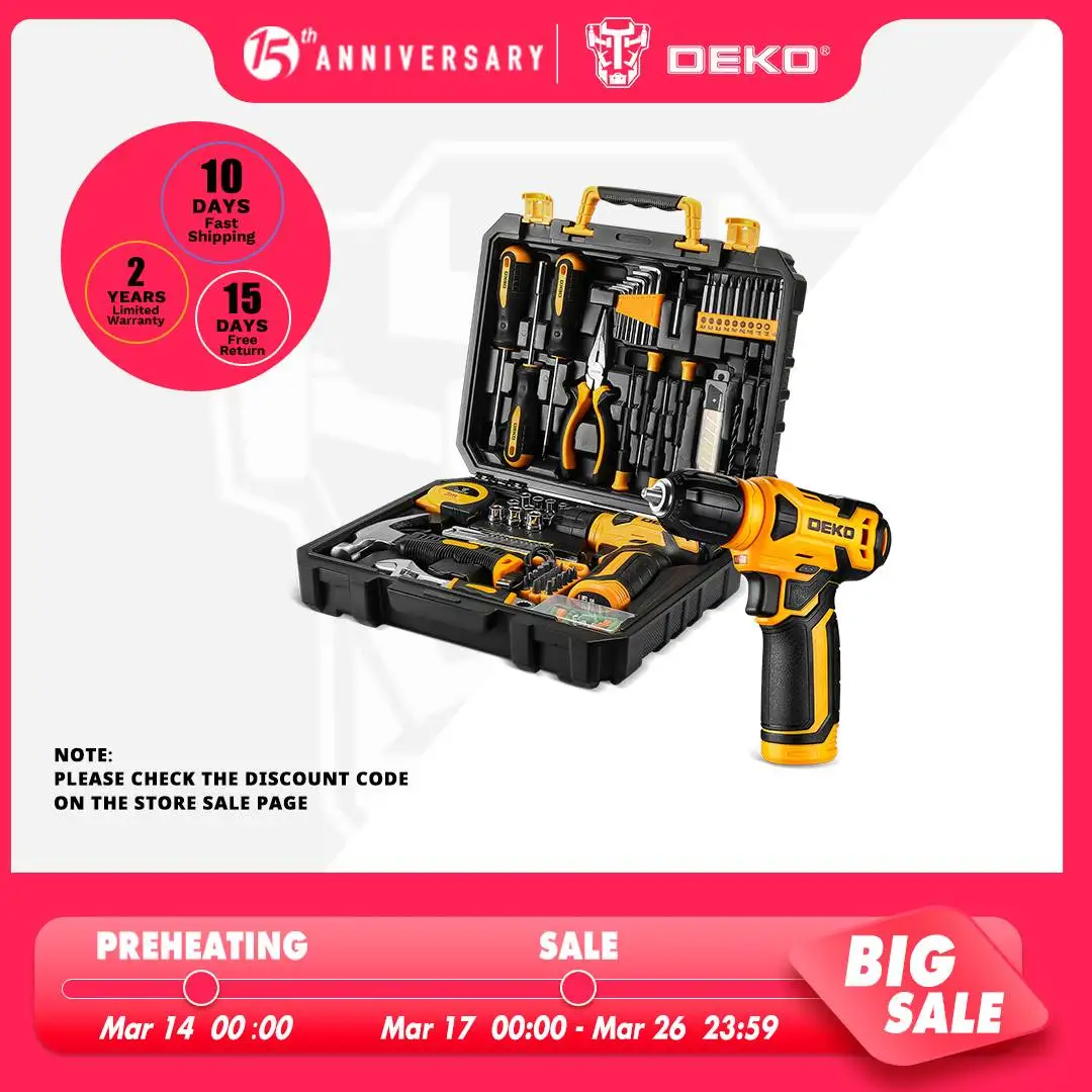 DEKO 126 buah peralatan listrik, kit Kombo dengan 8V bor tanpa kabel, Chuck tanpa kunci 10MM 3/8 inci, kit peralatan rumah tangga DIY