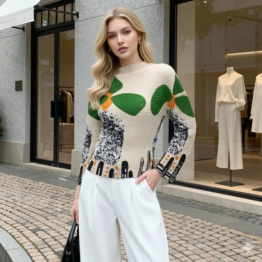 

Miyake Folds 2026 New Spring Fashion Printing Long-sleeved T-shirt Versatile Slim Thin Casual Blouse Personalized Small Shirt