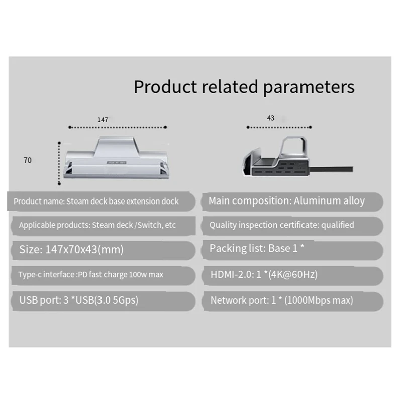 Док-станция высокого качества для док-станции Steam Deck 6 в 1 USB 3.0HDMI2.0, совместимая с 4K при 60 Гц RJ45 Gigabit Ethernet PD100W Hub