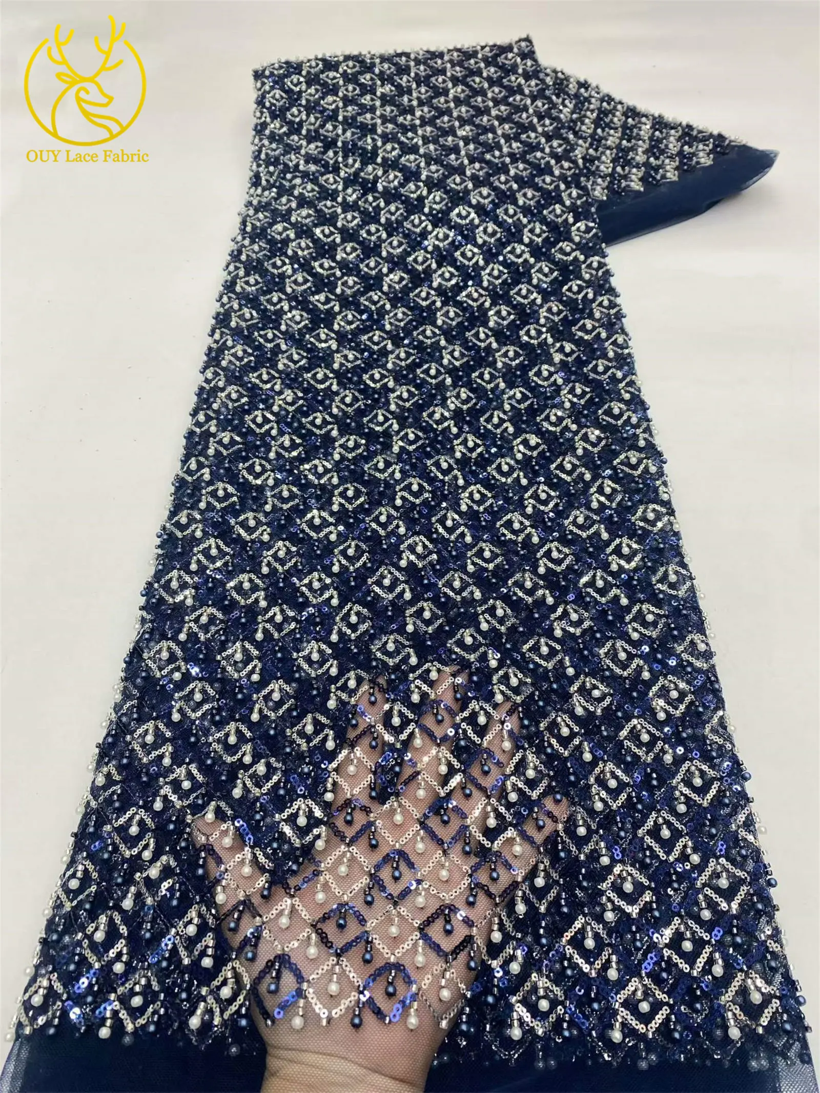 Olivgrüner afrikanischer Spitzenstoff, französischer Mesh-Spitzenstoff mit Pailletten und Perlen, Tüll-Mesh-Spitzenstoff für Damen, Hochzeitsfeier, Abendkleid, Nähen – Detail 5