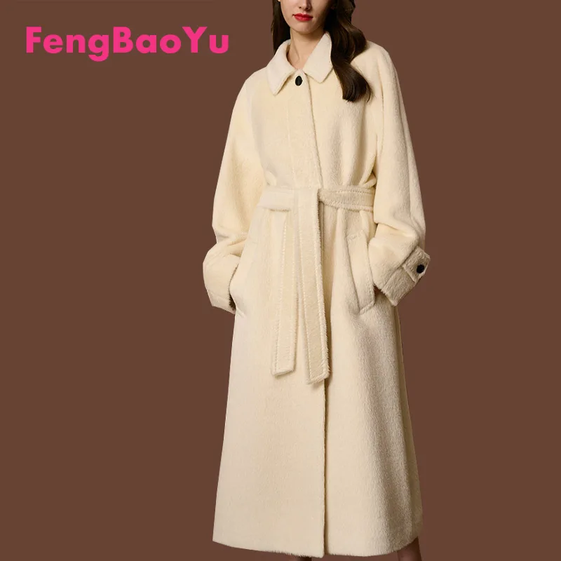 

Fengbaoyu Autumn Winter High-end Hepburn Style White Double-sided Alpaca Coat Ladies' Wool Coat Elegant Women's Clothes