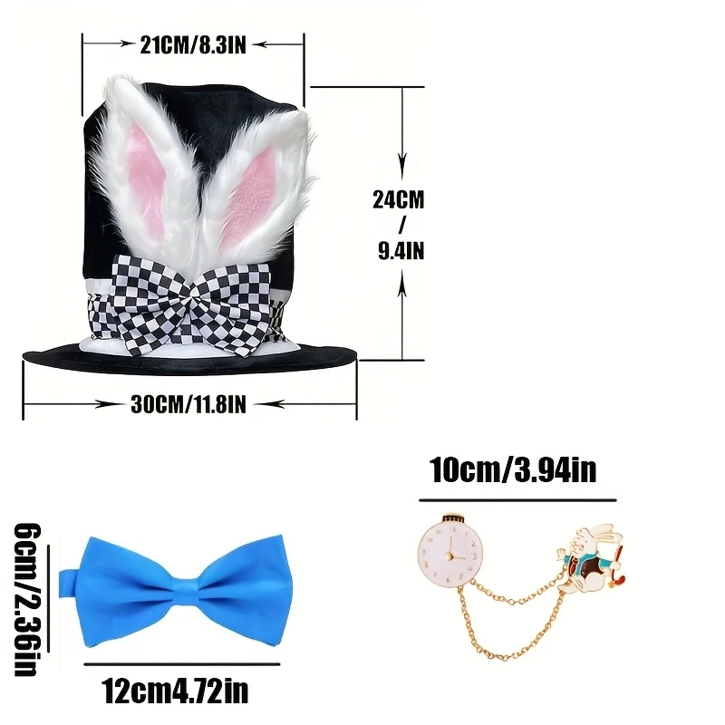 3pcs Set Easter Bunny Costume Plush White Rabbit Top Hat Pocket Watch, Bow Tie for Easter, Halloween Christmas Dress-Up Parties view 6