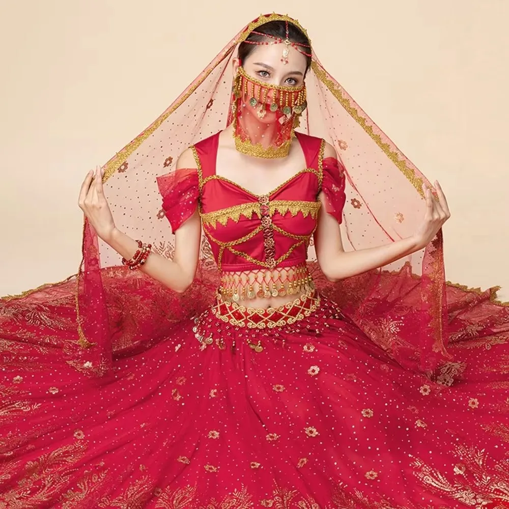 Traditional Flower Pattern Head Scarf Mesh Red Blue Dance Performance Headscarf Belly Dance Headdress Dance Performance