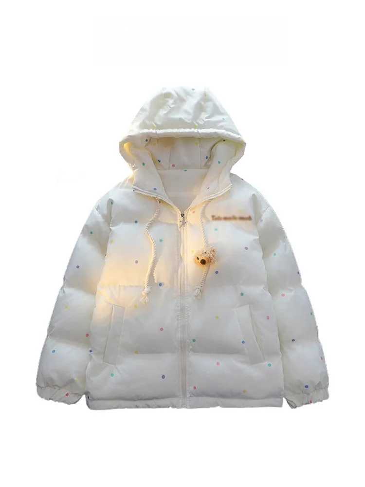 

Original Cute Polka Dot Bear Collar Women's Cotton Jacket Winter Thick Warm Bread Style Coat Loose Fit Retro Style Zipper Clo...