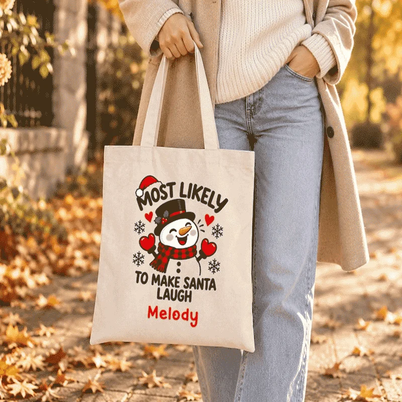 Personalized Christmas Canvas Tote Bag, Custom Holiday Gift Bag with Name, Family Christmas Party Favor, Company Event Team Gift