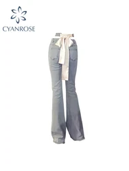 Y2k-pantalones vaqueros acampanados azules para mujer, pantalón Bandage elástico calado, Sexy, de cintura alta, largo hasta el suelo, Harajuku, estilo E Girl, 2022