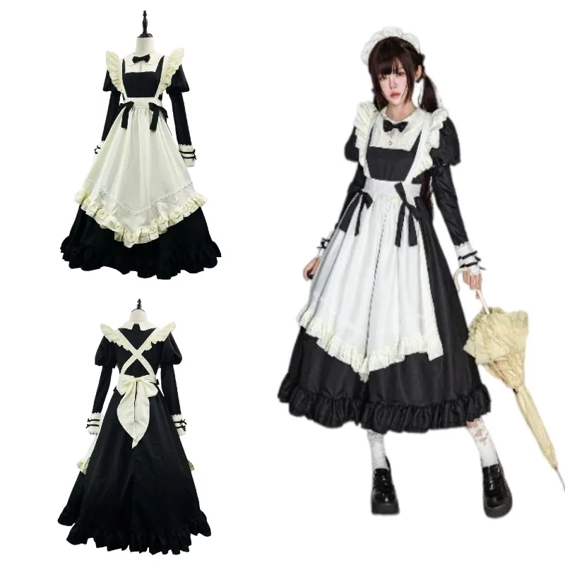 

Classical Maid Lolita Long Dress Japanese Black Lace Maid Outfit Servant Cosplay Costume Dress with Apron Suit Party Stage