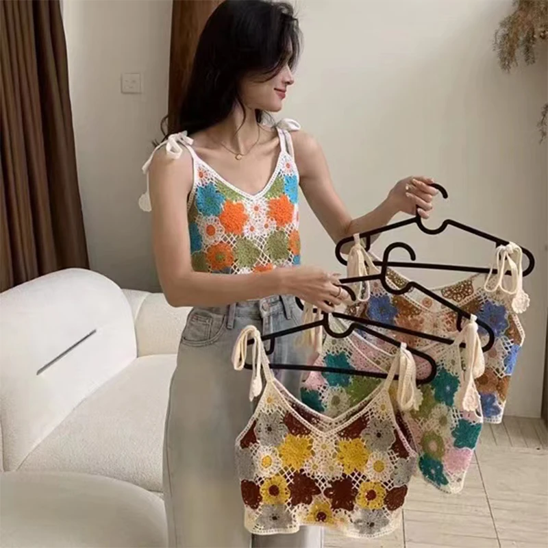 Women's Summer Sleeveless Tops Colorful Hand Crochet Embroidery Hollow Knit Vest Crochet Flowers For Women