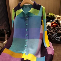 Miyake Pleated High End Dress Spring New Women's Printed Polo Collar Contrast Color Loose Slim Cardigan Dress Women's Dress