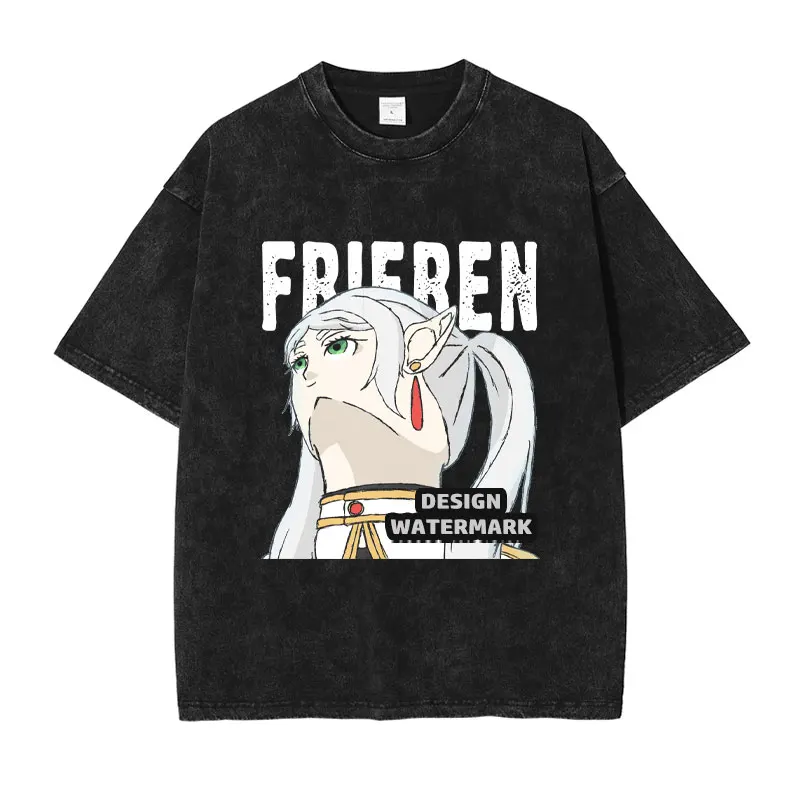 

Frieren Top View T Shirt Anime Vintage Washed Short Sleeve T-shirts Streetwear Retro Manga DTG Printing Tops Tees Girl Cotton