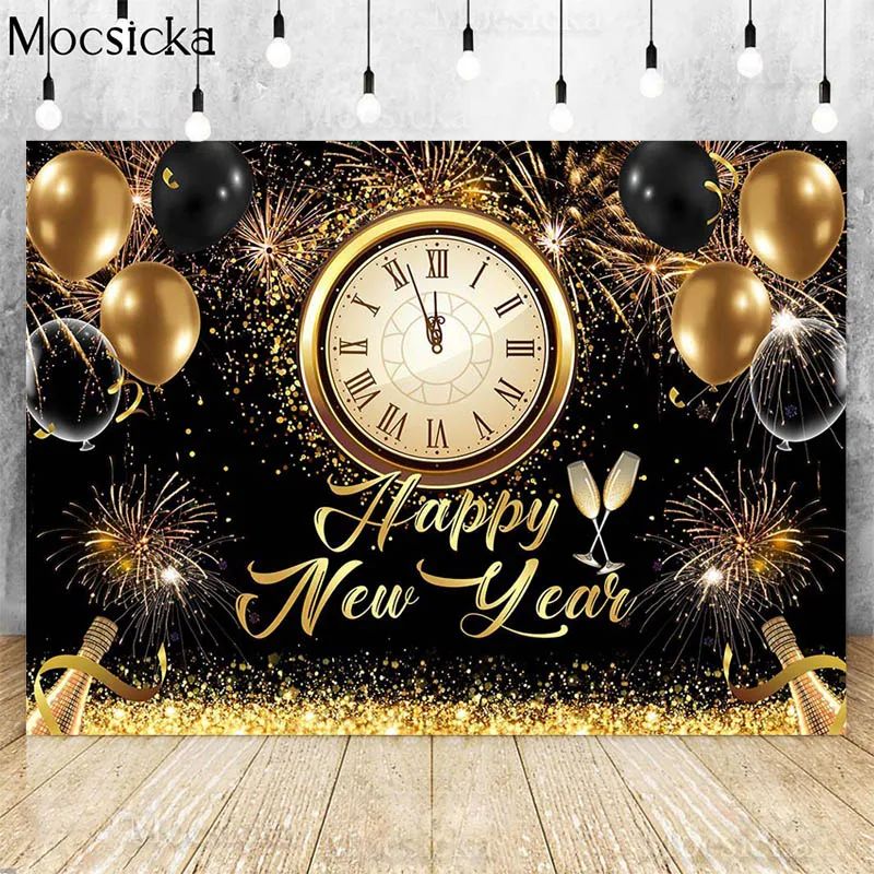 

Mocsicka Happy New Year Backdrop For Photography Fireworks Golden Champagne Clock Family Countdown Party Background Photo Studio