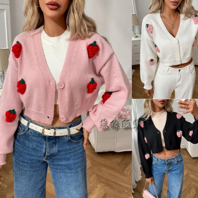 

Women Short Coats Cardigan Sweaters Knitted V Neck Full Sleeve Jumpers Y2k Streetwear Elegant Splice Knit Coat Autumn Winter