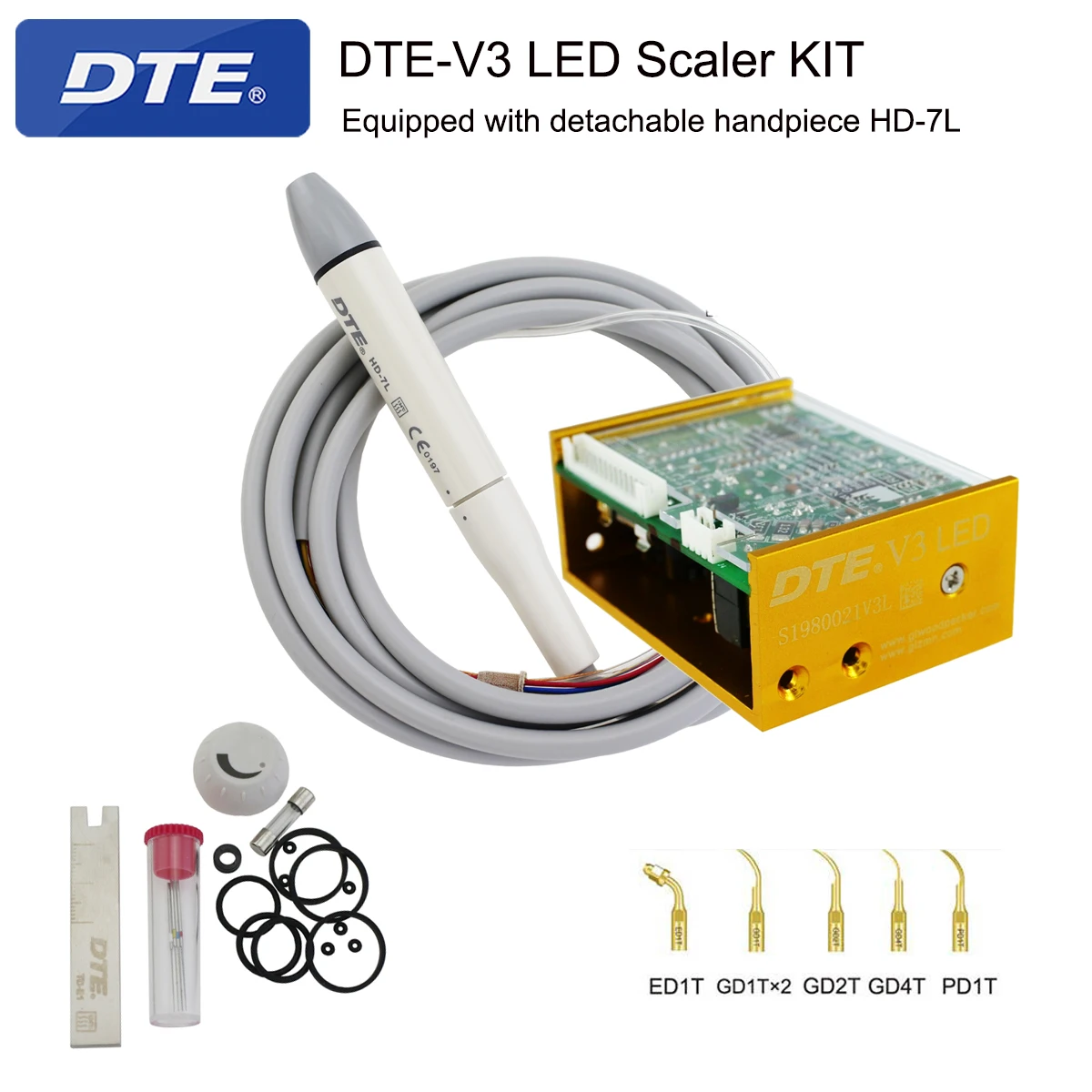 

Woodpecker Equipment Dental DTE-V3 LED Ultrasonic Piezo Built-in Scaler Handpiece Scaling Tip Fit Satelec Acteon