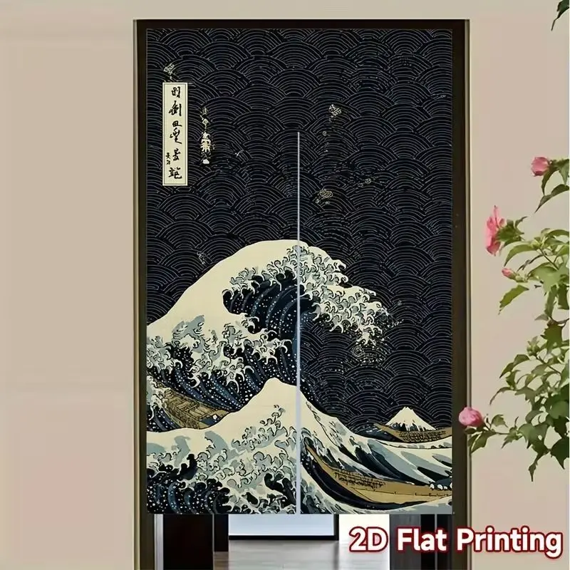 VIKAMA Japanese Noren Curtain, Kanagawa Wave Cherry Blossom Half Door Curtain, Entryway Privacy Screen Room Divider Home Decor