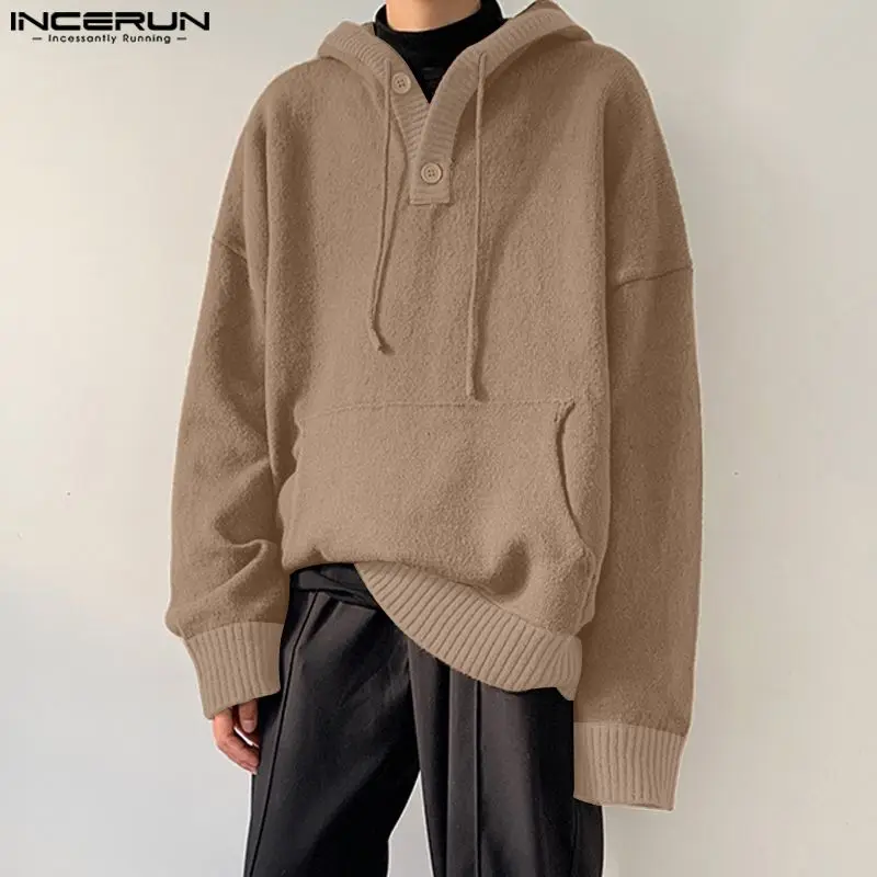 INCERUN Men Casual Long Sleeve Hoodies Solid Loose Pocket Streetwear Tops Korean Fashion Simple Vintage Pullovers Sweatshirts